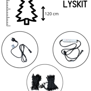 Illustration af lyskædesæt til juletræ med en højde på 120 cm. Sættet inkluderer en strømadapter, en transformator og lyskæder med sorte ledninger. Designet til effektiv og dekorativ belysning af mindre juletræer."