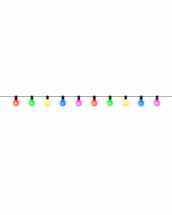 Den perfekte lange festlyskæde med farvede plastikpærer med multifarvet LED lys.