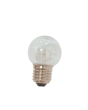 Klar LED-pære med E27-fatning og varmt hvidt lys. Pæren har et klassisk kugledesign og energieffektive LED-dioder, ideel til dekorativ og funktionel belysning.
