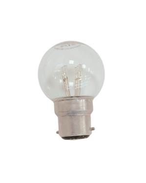 En gennemsigtig LED-pære med B22-fatning og synlige blå LED-filamenter. Pæren har en klassisk rund form og er designet til dekorativ belysning med blå lysudsendelse.