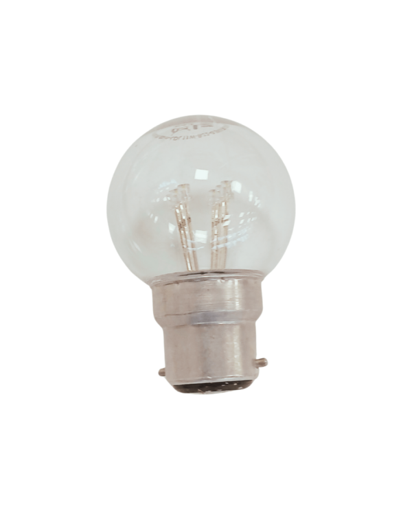 En gennemsigtig LED-pære med B22-fatning og synlige blå LED-filamenter. Pæren har en klassisk rund form og er designet til dekorativ belysning med blå lysudsendelse.