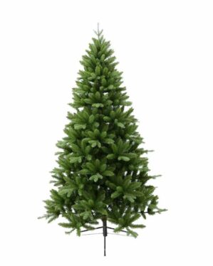Naturtro kunstigt juletræ med tætte grønne grene i klassisk kegleform, monteret på sort aluminiumsfod og vist mod hvid baggrund.