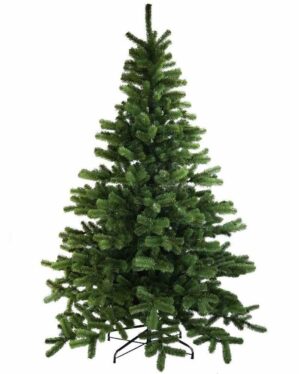 Kunstigt juletræ med tætgrønne grene i klassisk form, monteret på sort metalfod med buede ben, præsenteret mod hvid baggrund til produktvisning.