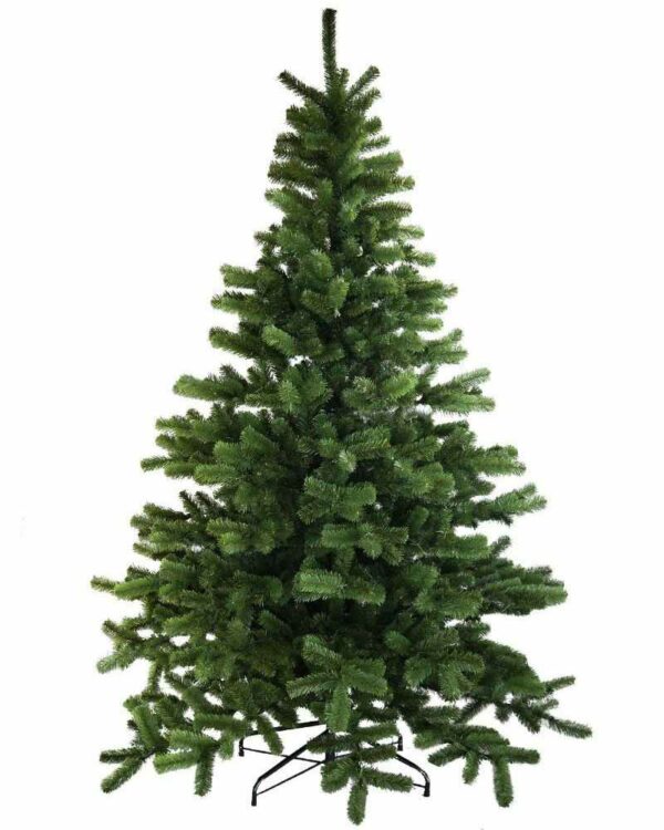 Kunstigt juletræ med tætgrønne grene i klassisk form, monteret på sort metalfod med buede ben, præsenteret mod hvid baggrund til produktvisning.