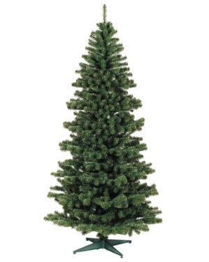 Klassisk kunstigt juletræ fra slim line i slank model med tætte, mørkegrønne grene og nåle, monteret på grøn plastfod, vist mod hvid baggrund.