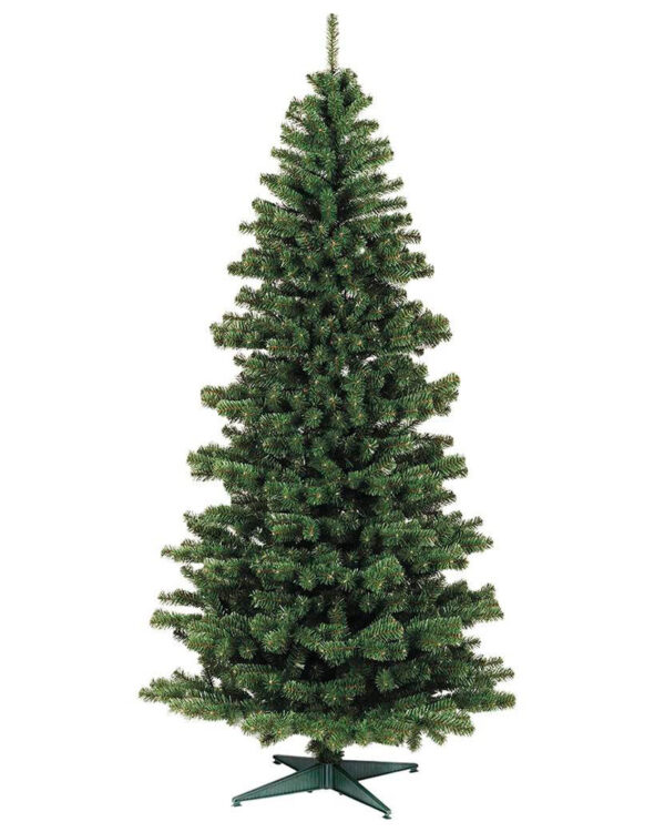 Klassisk kunstigt juletræ fra slim line i slank model med tætte, mørkegrønne grene og nåle, monteret på grøn plastfod, vist mod hvid baggrund.