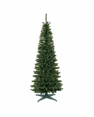 Smalmodel kunstigt juletræ med tæt grønne grene og klassisk silhuet, monteret på grøn plastfod, fotograferet mod hvid baggrund til produktpræsentation.