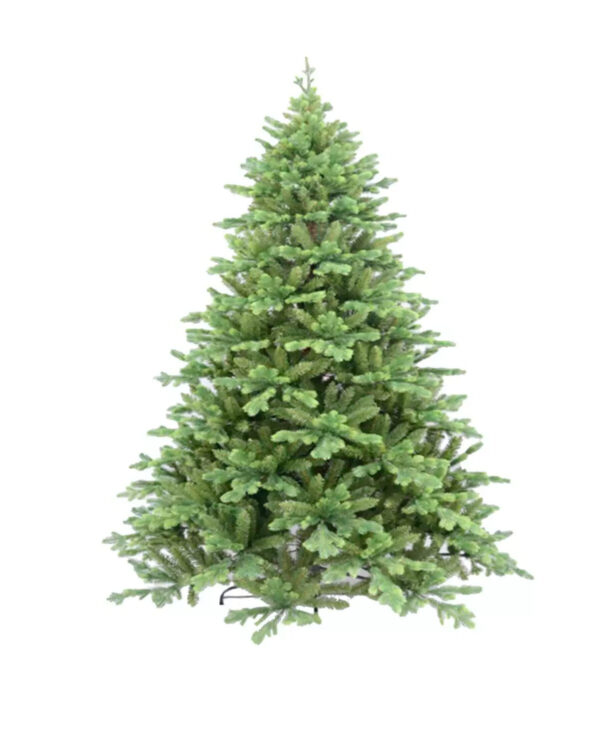 Naturtro kunstigt juletræ med tætte, lysegrønne grene og fyldig form, vist mod hvid baggrund.