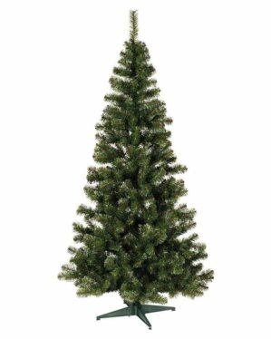 Kunstigt juletræ med grønne grene og nåle i klassisk form, stående på grøn plastikfod, fotograferet mod hvid baggrund til produktvisning.