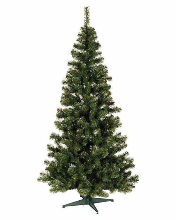 Kunstigt juletræ med grønne grene og nåle i klassisk form, stående på grøn plastikfod, fotograferet mod hvid baggrund til produktvisning.