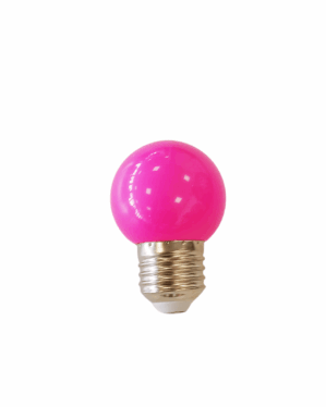 Lysende pink LED-pære med E27-fatning, velegnet til dekorativ belysning. Perfekt til fest, stemningslys eller udendørs brug. Energibesparende, holdbar og giver et blødt, farverigt skær.