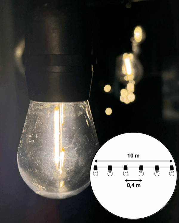 Nærbillede af oplyst LED-pære i sort fatning fra festoon-lyskæde. Diagram viser 10 meter længde med 0,4 meter mellemrum mellem pærerne i kæden.