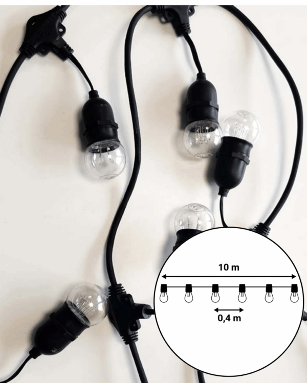 Festoon-lyskæde med sorte fatninger og klare LED-pærer ligger på hvid baggrund. Indsat teknisk illustration viser 10 meter længde og 0,4 meter mellem pærerne.