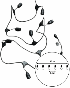 Sort festoon-lyskæde med E27-fatninger vist uden pærer, lagt på hvid baggrund med teknisk diagram, der angiver 10 meter længde og 0,4 meter mellemrum.