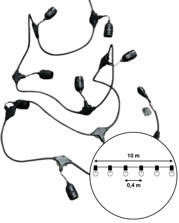 Sort festoon-lyskæde med E27-fatninger vist uden pærer, lagt på hvid baggrund med teknisk diagram, der angiver 10 meter længde og 0,4 meter mellemrum.