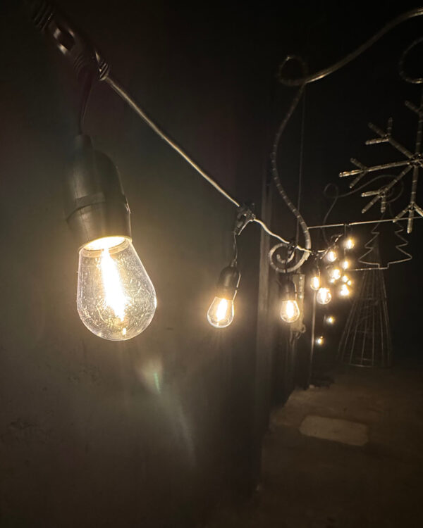Nærbillede af varm hvid party festoon lyskæde monteret på sort kabel. Flere pærer lyser op langs en væg med julemønstre i baggrunden, inklusive snefnug og juletræ.