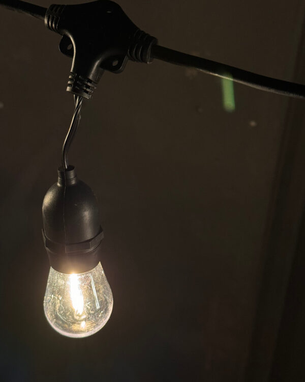 En enkelt tændt party festoon LED-pære med klar kuppel og sort fatning hænger i en sort kabelinstallation. Den varme glød lyser mod en mørk baggrund.