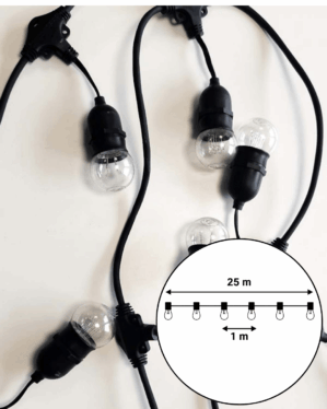Festoon-lyskæde med klare LED-pærer og sorte fatninger vises mod hvid baggrund. Diagram angiver 25 meter længde og 1 meter mellemrum mellem hver pære.