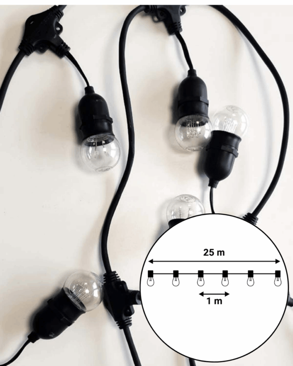 Festoon-lyskæde med klare LED-pærer og sorte fatninger vises mod hvid baggrund. Diagram angiver 25 meter længde og 1 meter mellemrum mellem hver pære.