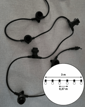 Professionel sort festoon-lyskæde med b22-fatninger og afstand på 0,37 meter. Inkluderet diagram viser samlet længde på 3 meter. Ideel til udendørs belysning.
