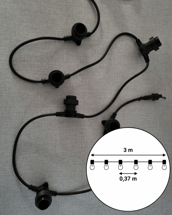 Professionel sort festoon-lyskæde med b22-fatninger og afstand på 0,37 meter. Inkluderet diagram viser samlet længde på 3 meter. Ideel til udendørs belysning.
