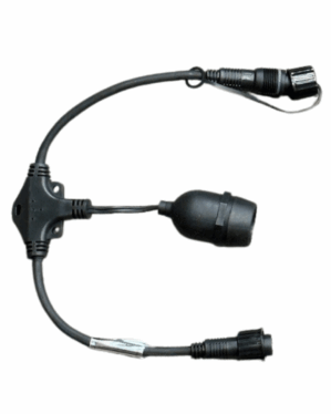 Modul med E27 fatning til festoon-lyskæder, udstyret med vandtætte stik i begge ender. Robust design til udendørs brug og kompatibel med LED-pærer.