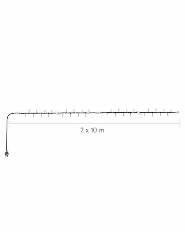 Lyskæde med stik i venstre ende og længdeangivelse "2 x 10 m" - i alt 20 meter dekorativ belysning.