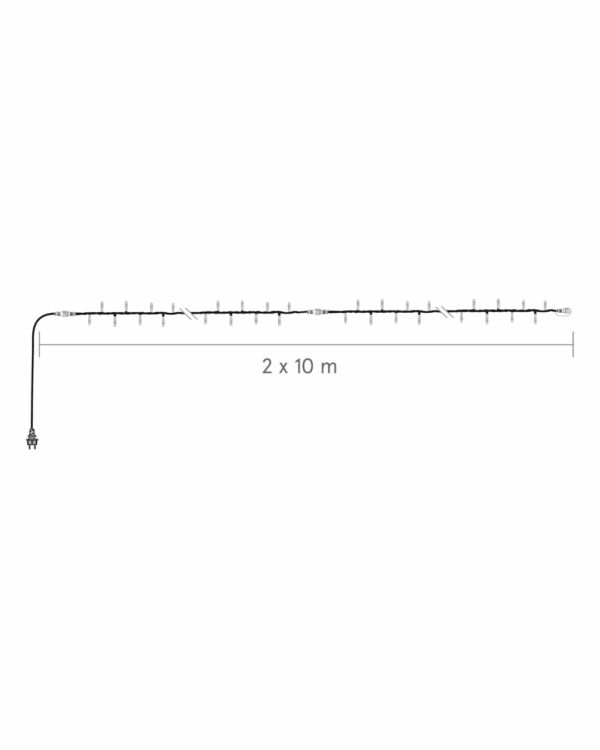 Lang lyskæde med stik i den ene ende og længdeangivelse "2 x 10 m" - ideel til dekorativ belysning over større afstande.