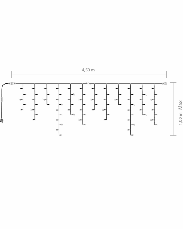 Teknisk illustration af istap-lyskæde med en længde på 4,5 meter og en maksimal højde på 1 meter. Viser jævn fordeling af LED-strenge til dekoration.