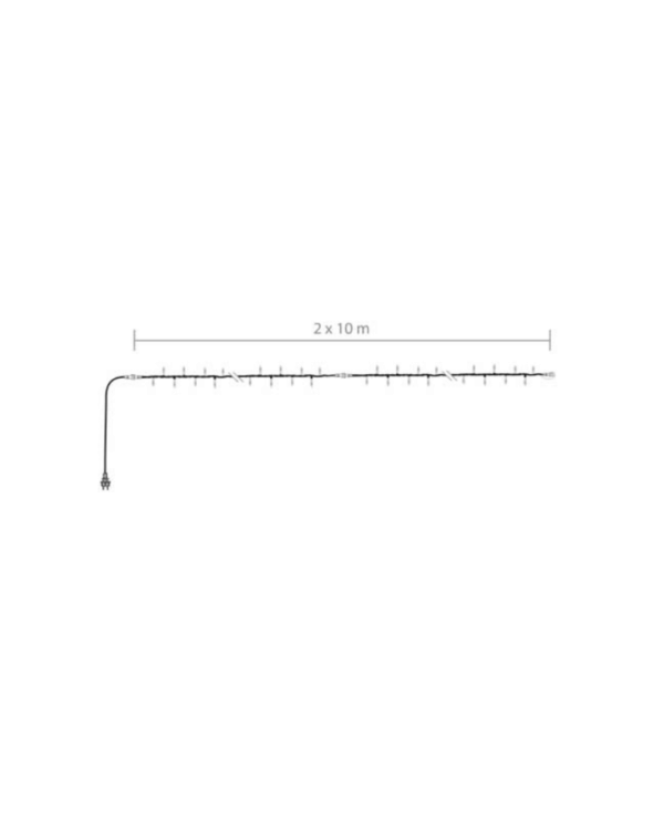 Diagram af lyskæde med stik i den ene ende og to sektioner á 10 meter markeret - i alt 20 meter lang.