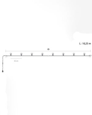 Teknisk tegning af festoon-lyskæde med 10 pærer fordelt over 10,25 meter. Pærerne er placeret med 35 cm mellemrum, og der vises stik og samlinger.