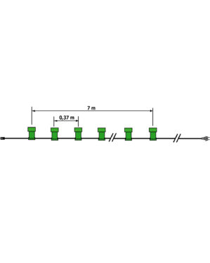 Teknisk tegning af grøn festoon-lyskæde med B22-fatninger placeret med 0,37 meters mellemrum over 7 meter (9 meter samlet). Klar til sammenkobling og udendørs installation.