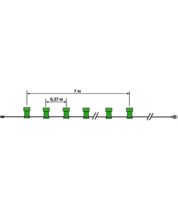 Teknisk illustration af grøn festoon-lyskæde med B22-fatninger fordelt med 0,37 meters mellemrum over en samlet længde på 7 meter. Velegnet til sammenkobling.