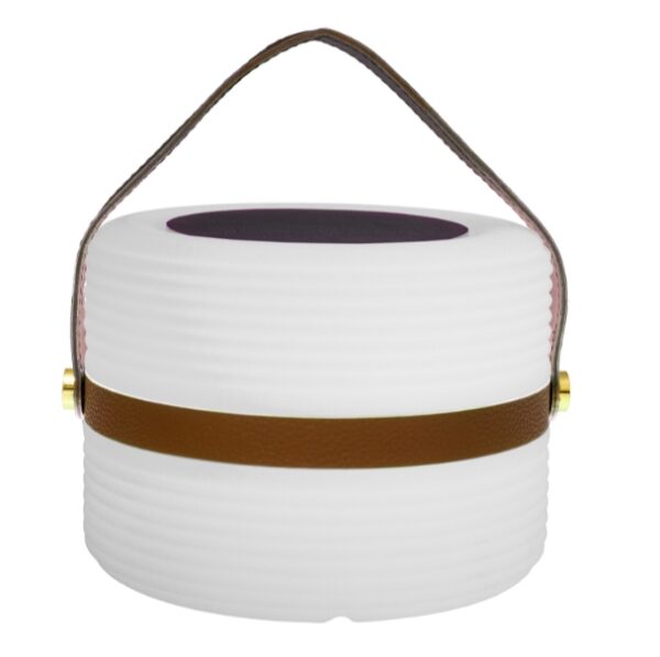 Transportabel lampe med rgb lys og flotte læderlook detaljer.