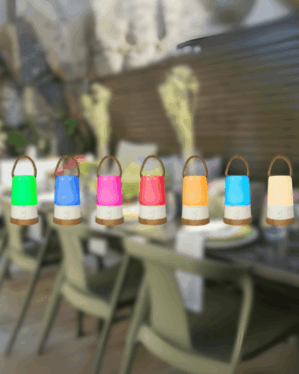 Transportabel højtaler med lys vises i forskellige rgb farver med udendørs havemiljø i baggrunden.