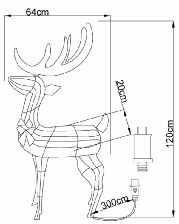 Teknisk tegning af en rensdyrdekoration med mål. Rensdyret er 120 cm højt, 64 cm langt fra næse til hale og 20 cm bredt. Der vises også en illustration af et elektrisk stik med en ledning på 300 cm.
