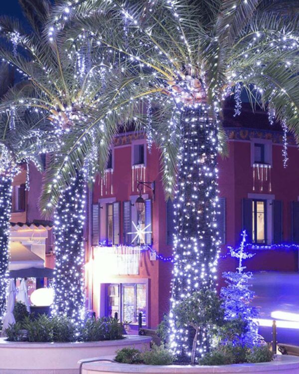 Palmer smukt oplyst med hvide LED-lyskæder i byrum foran røde bygninger. Skaber magisk stemning med glitrende lysdekoration, perfekt til festlige events, juleudsmykning eller helårsbydressing.
