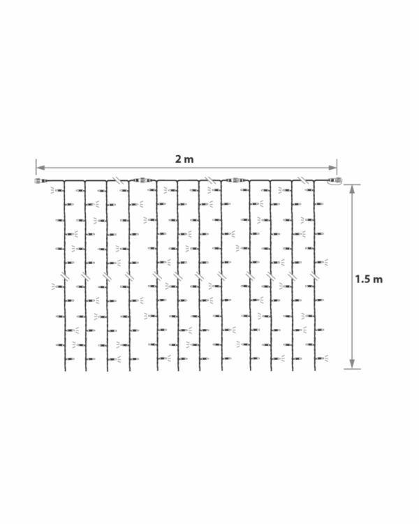 Visuel tegning af lysgardins opbygning og mål på 1,5m x 2m