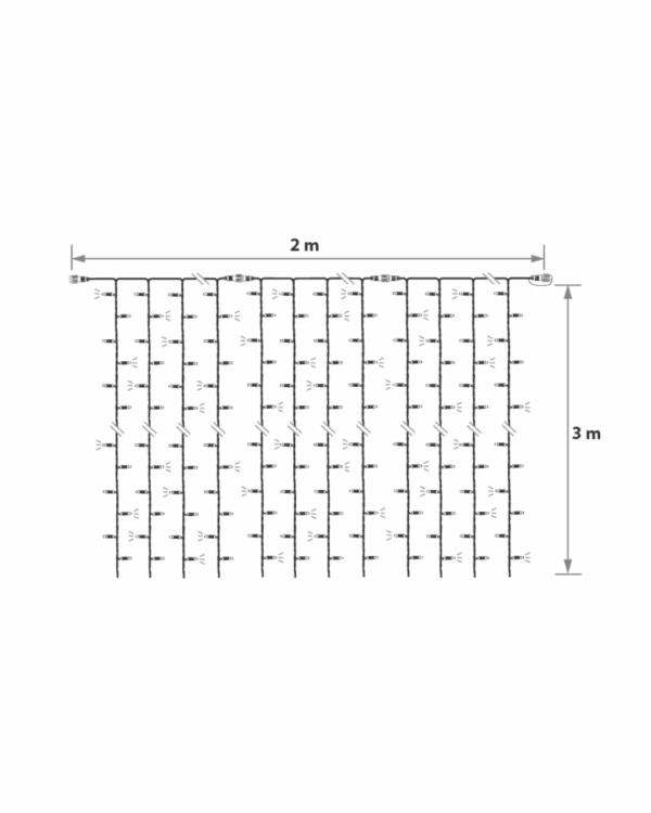 Visuel tegning af lysgardin der måler 3 meter i højden og 2 meter i længden.