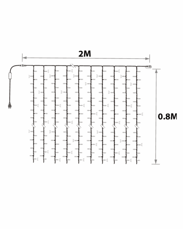 Visuel tegning af et lysgardin der er 0,8 meter højt, har 14 strenge med lys og er 2 meter lang.