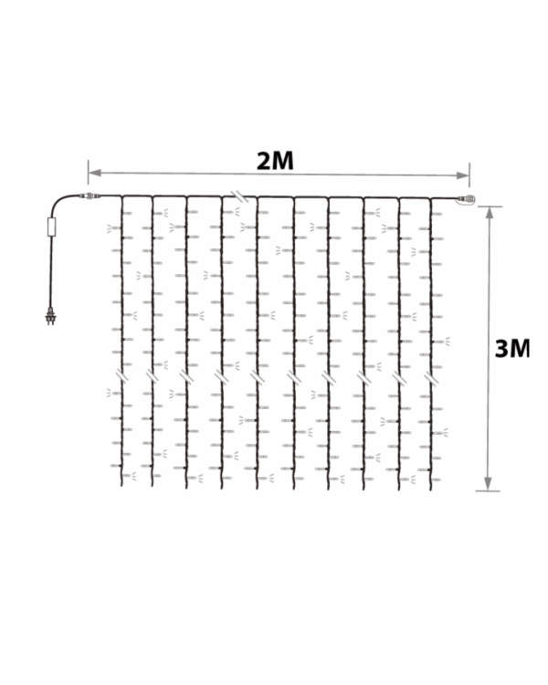 Lysgardin lyskæde med 14 lysstrenge der er 3 meter lange og 2 meter bred.