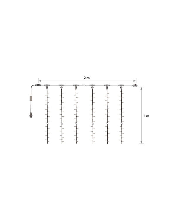 Teknisk illustration af LED-lysgardin med målene 2 meter i bredden og 5 meter i højden, inklusiv tilslutningskabel og ophængspunkter til professionel installation.