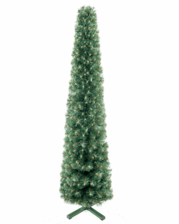 Smalt kunstigt juletræ med mange tætte grene og metalfod