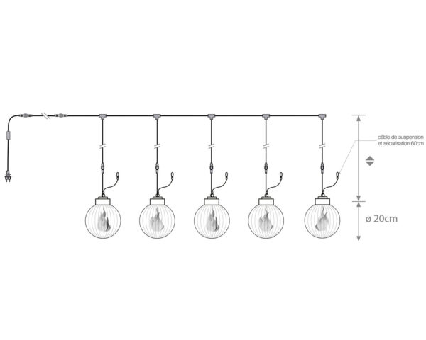 Teknisk tegning af dekorativ lyskæde med fem hængende kugleformede lamper, hver med ribbet glas og LED-lyskilde, monteret på wire med målangivelse 20 cm.