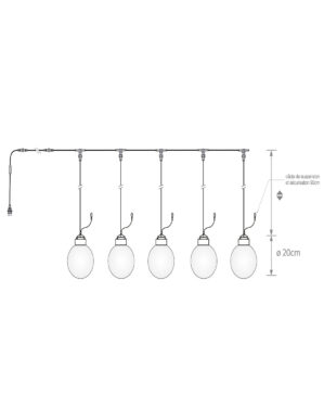 Teknisk tegning af dekorativ lyskæde med fem hængende kugleformede lamper, diameter 20 cm, ophængt i 90 cm kabler, designet til professionel juleudsmykning og belysningsprojekter.