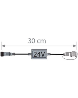 Teknisk illustration af 24V forbindelseskabel med længde 30 cm, udstyret med stik i begge ender, anvendes til professionel LED-belysning og dekorationsinstallationer.