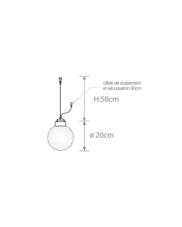 Teknisk tegning af kugleformet lampe med ribbet glas, diameter 20 cm og højde 50 cm, ophængt i 90 cm kabel, til professionel dekorationsbelysning.