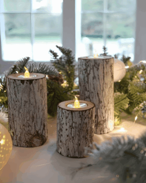 3 LED stearinlys i træblokke i forskellige højder som en del af julepynten.