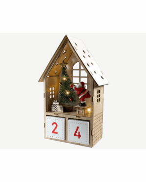 Kalender med nedtælling til jul med en lille juleudstilling