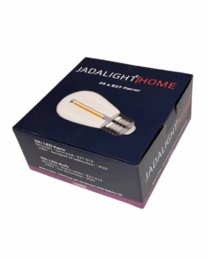 Produktæske fra JadaLight Home med 25 stk. E27 LED-pærer. Kassen er mørkeblå med illustration af en pære og specifikationer på dansk og engelsk.